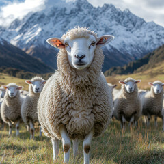Fototapeta premium A woolly sheep stares into the camera while its flock grazes in a green valley. Snow-capped peaks in the background create a breathtaking rural scene. 