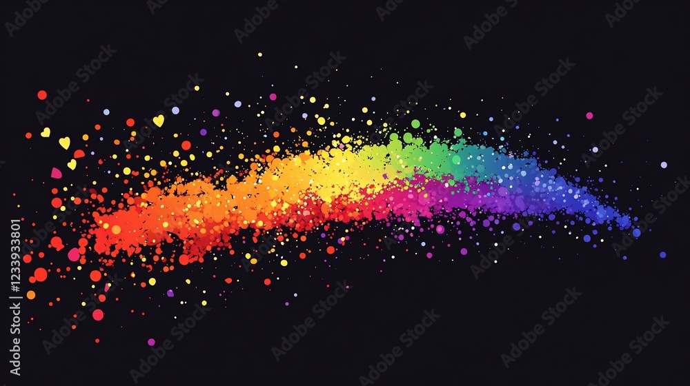 Poster a vibrant rainbow of colorful dots and hearts, scattered against a dark black background, creating a