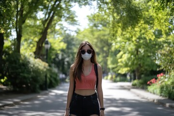 A young woman in casual attire, with sunglasses and a mask, walking leisurely through a tree-lined street on a bright sunny day.