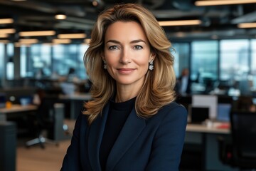 Obraz premium Confident businesswoman with blonde hair standing in a modern office setting. Leadership and professionalism in corporate environments.