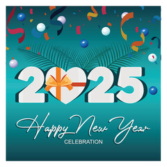 Happy New Year 2025 Celebration with Festive Decor and Gift Elements.