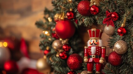 Holiday wreath adorned with red and gold ornaments and a nutcracker figure for festive decor