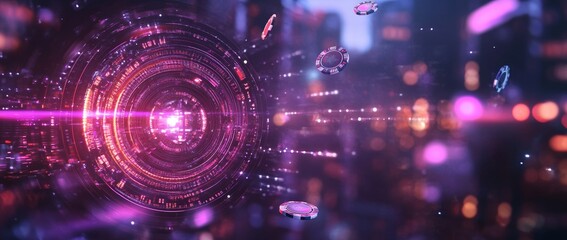 3D playing cards and glowing casino chips create a vibrant atmosphere for online gambling and game design in purple hues