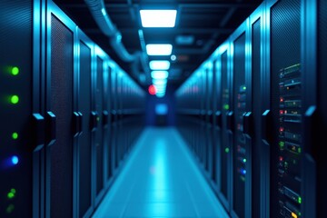 Fototapeta premium A Dimly Lit Data Center Corridor Showcasing Rows of Servers with Colorful Indicators, Highlighting Advanced Technology and Cooling Systems in an Optimized Environment