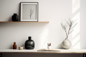 Scandinavian interior design of a home office wall architecture windowsill.