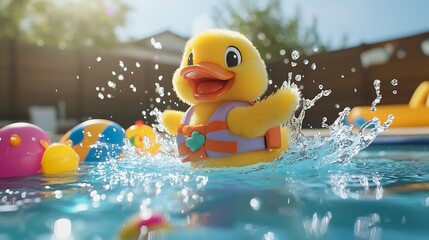 A stuffed duck in a tiny life vest happily splashing in the sparkling pool surrounded by pool toys