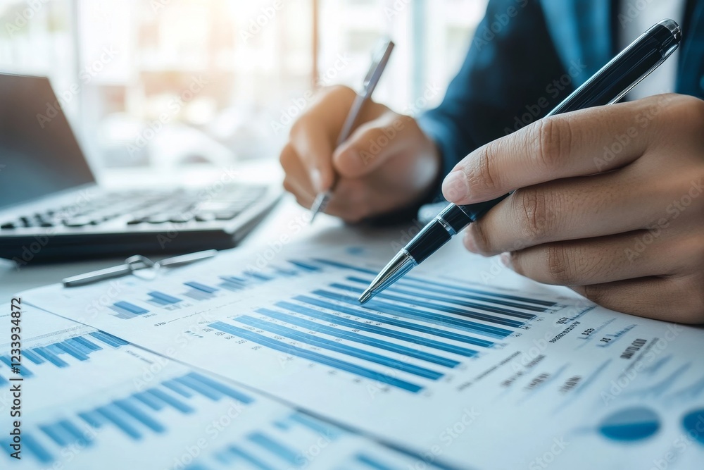 Poster a person hands working on business report with pen and computer on table