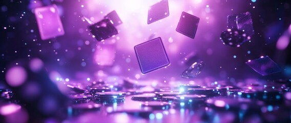 3D playing cards and glowing casino chips create a vibrant atmosphere for online gambling and game design in purple hues