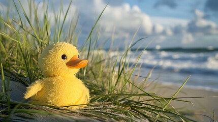 A stuffed duck nestled in tropical beach grass ocean breeze in the background