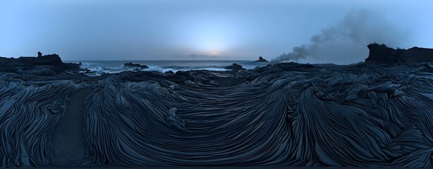 Dramatic Volcanic Landscape at Dusk with Flowing Lava and Crashing Waves