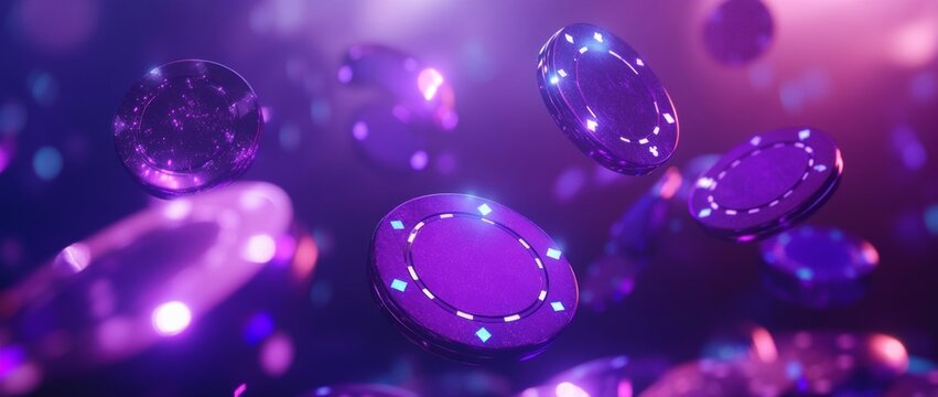 3D playing cards and glowing casino chips create a vibrant atmosphere for online gambling and game design in purple hues