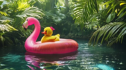 A stuffed duck on an inflatable flamingo float in a pool with calm water and lush greenery