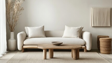 Cream sofa, wood table, dry plants, woven decor.
