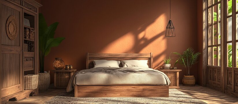Cozy terracotta bedroom with wooden furniture and plants.