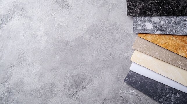 Countertop samples on concrete backdrop.
