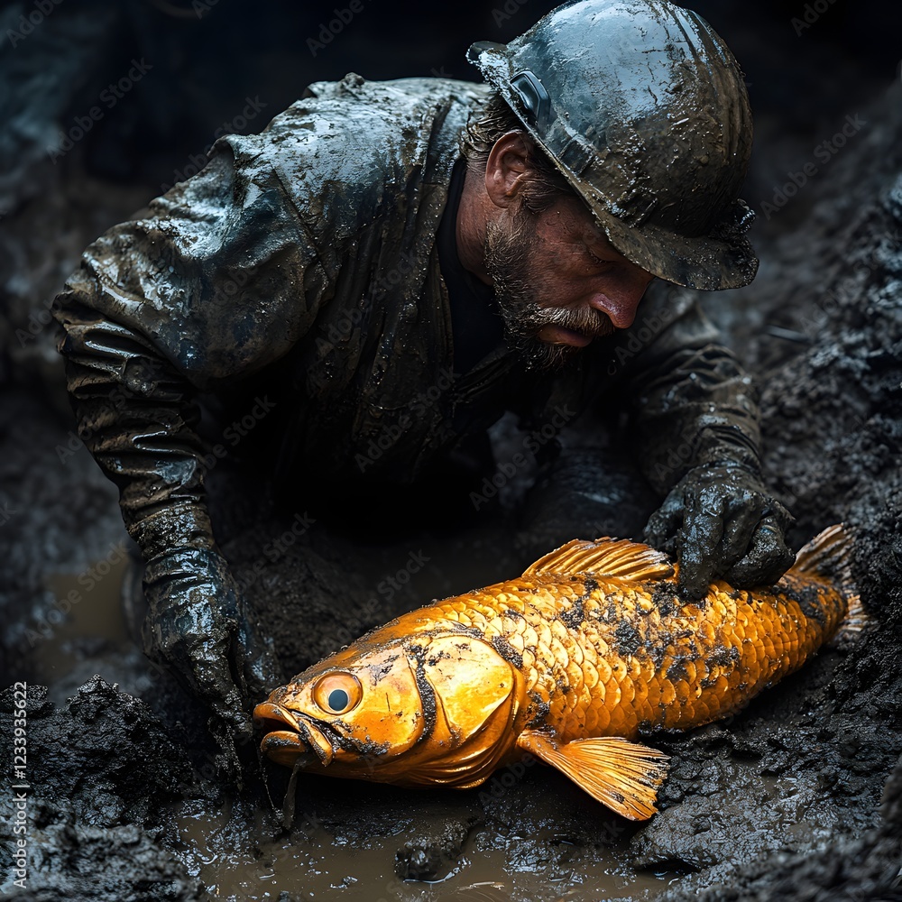 Poster closeup of miner discovering a golden fish figure in the depths of soil partially buried in mud mini
