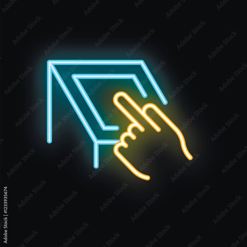 Poster neon sign of a hand with a finger touching or pointing at a screen display glowing on a black backgr