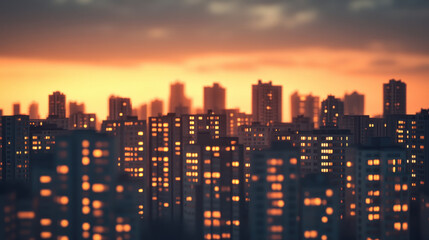 Obraz premium City skyline at sunset with illuminated buildings creating warm glow