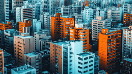 Obraz premium Vibrant cityscape with colorful buildings and urban architecture at dusk