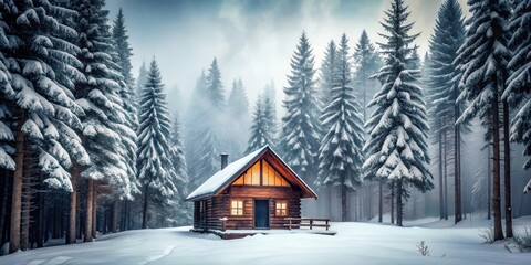 Cozy cabin surrounded by tall trees and misty forest atmosphere, nature, winter,  nature, winter, foggy morning