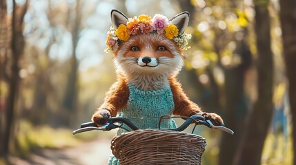 A stuffed fox with flower crown riding a bicycle on bright spring day