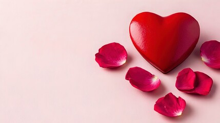 Fototapeta premium Red Heart and Rose Petals on Pink Background for Romantic Themes