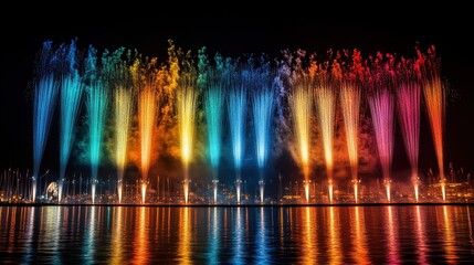 Colorful water fountain display reflecting on a calm body of water at night.