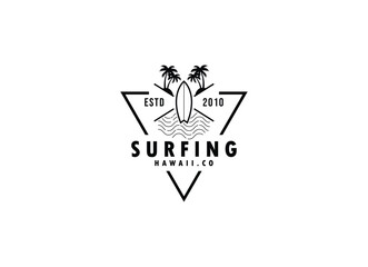 Surfing logo template. Vintage emblem with surfboards for surf club or t shirt print.