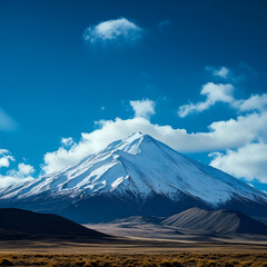 Fototapeta premium Majestic Mountain Landscape: A stunning snow-capped mountain peak pierces a vibrant blue sky dotted with fluffy clouds, a breathtaking vista of nature's grandeur.