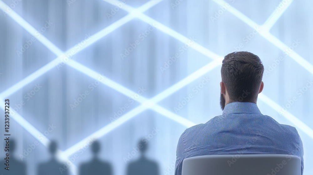 Poster person observing abstract light patterns in background