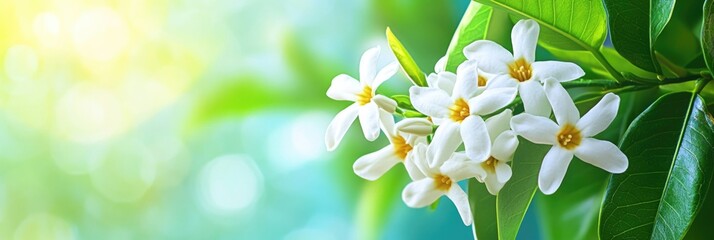 Fototapeta premium Bright blossoming white flowers with lush green leaves in sunlight