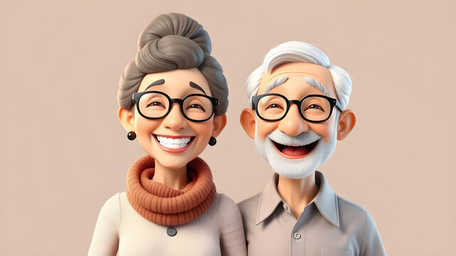 3D illustration of a A joyful elderly couple standing together, both wearing glasses and smiling widely. Generative AI