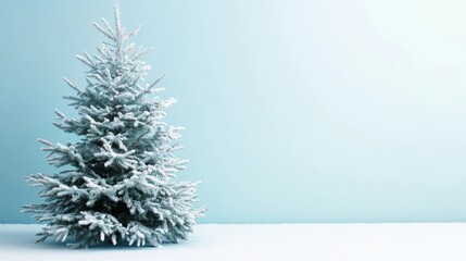 Snow-covered evergreen tree stands elegantly against a pale blue background during winter holiday season
