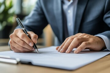 Close up hands of businessman from consultancy service discussing with project contractor and reviewing blueprint for build real estate facilities