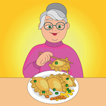 Granny eating traditional dumplings with onion and carrot, vector cartoon illustration isolated on a yellow background