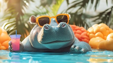 A stuffed hippo lounging with sunglasses and drink in a vibrant pool setting