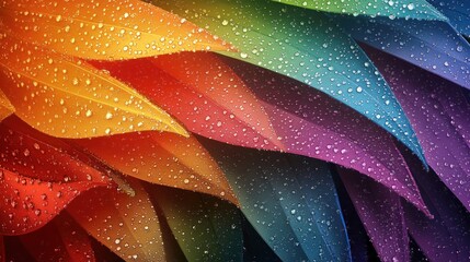 Obraz premium Vibrant Rainbow Leaves with Dew Drops: A Colorful Nature Close-Up