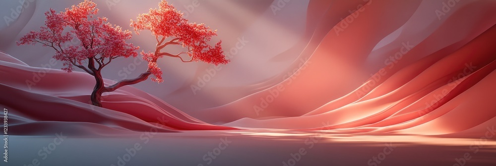 Poster serene abstract landscape with red tree and flowing shapes in warm light