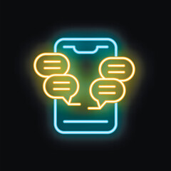 Blue neon smartphone with yellow speech bubbles surrounding it on a black background