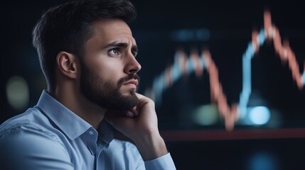 Pensive man observing stock market graphs on a screen in a dimly lit setting. Concept of analysis, uncertainty, and economic focus.