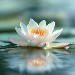 Lotus Serenity: A pristine water lily floats gracefully on a tranquil pond, its delicate petals unfurling to reveal a golden heart, evoking a sense of peace and purity.