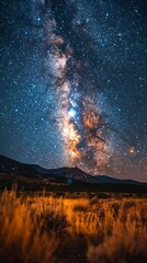 Majestic Milky Way Galaxy over Mountain Range and Grassland at Night