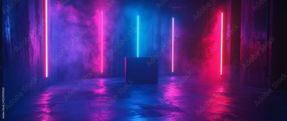 Poster 3d render of an empty presentation stage with neon lights and product display podium in a modern env