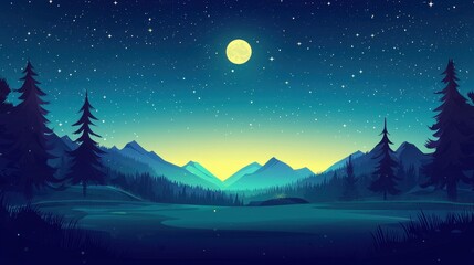 Fototapeta premium Serene Nighttime Mountain Landscape Under Full Moon