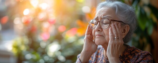 Elderly woman have eyesight problem can not read because seeing text blurred and headache from eye tired