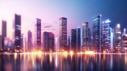 Obraz premium Vibrant cityscape with glowing skyscrapers reflecting in the water during twilight. urban architecture and modern design