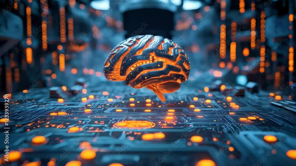 Poster a highly detailed, futuristic brain with intricate circuit patterns and glowing orange lights above 