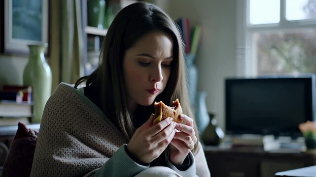 A European woman sits alone, wrapped in a blanket and eating a burger. Her expression reveals feelin