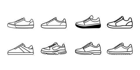 A collection of eight line icons depicting various sneaker designs with different soles and details