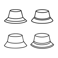 Four minimalist line icons of bucket hats with variations in brim width and overall shape